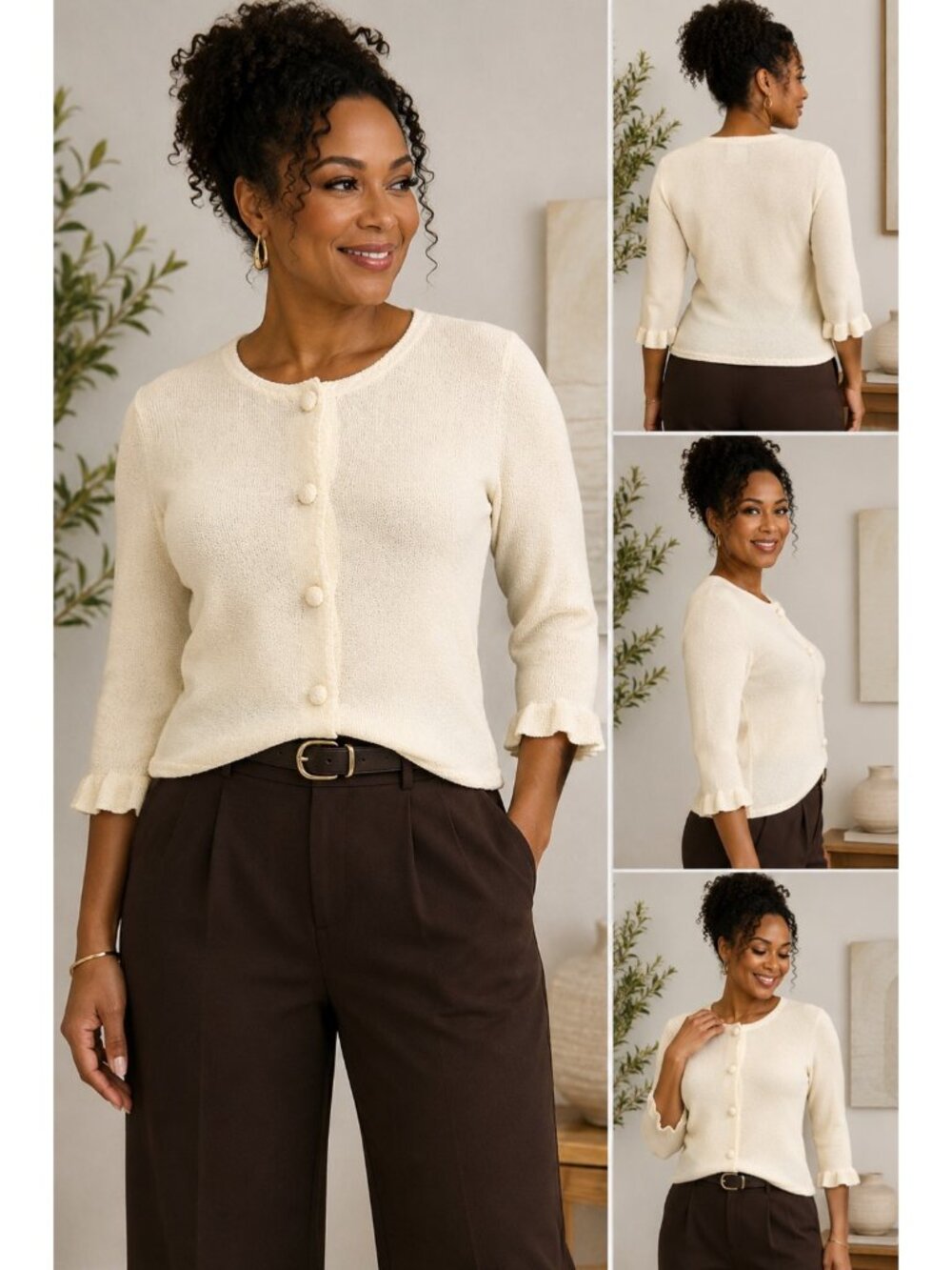 Michael Simon Ivory Textured Knit Cardigan Ruffle Cuff Covered Button Sweater